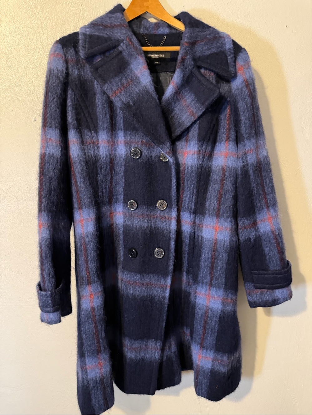 Kenneth Cole Double-Breasted Plaid Pea Coat - Navy & Light Blue with Red Accents